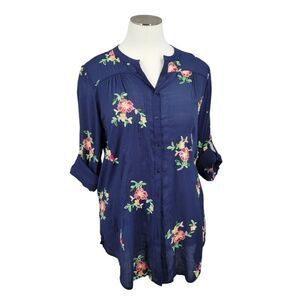 Forgotten Grace Blue with Floral Embroidery Tunic Top Adjustable Roll Tab Sleeve